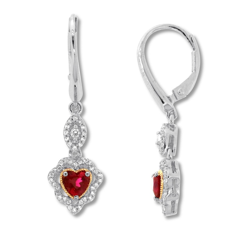 Main Image 1 of Lab-Created Ruby Heart Earrings Sterling Silver/10K Yellow Gold