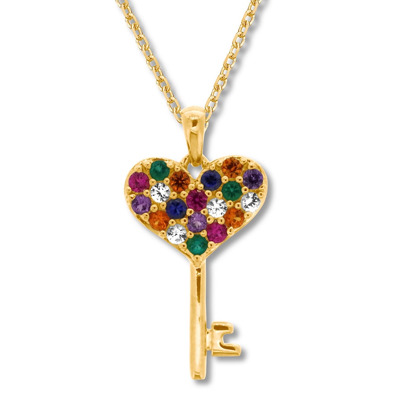 Main Image 1 of Lab-Created Gemstone Rainbow Key Necklace 10K Yellow Gold