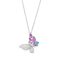 Blue Topaz, Amethyst, Lab-Created Pink Sapphire & Lab-Created White Sapphire Butterfly Necklace Sterling Silver 18&quot;