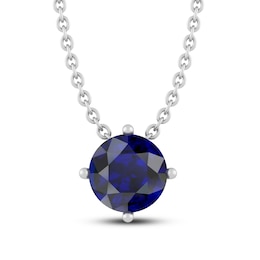 Blue Lab-Created Sapphire Solitaire Necklace Round-cut Sterling Silver 18&quot;