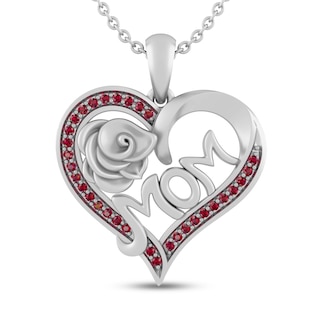 Lab-Created Ruby MOM Heart Necklace Sterling Silver 18