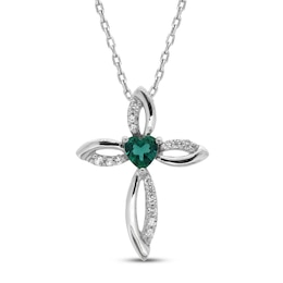 Lab-Created Emerald & White Lab-Created Sapphire Cross Necklace Sterling Silver 18&quot;