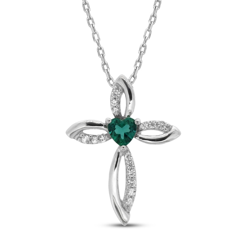 Lab-Created Emerald & White Lab-Created Sapphire Cross Necklace Sterling Silver 18"