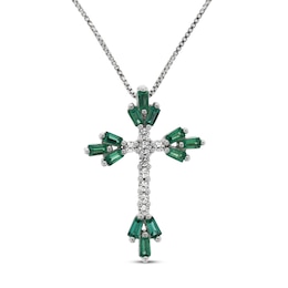 Lab-Created Emerald & White Lab-Created Sapphire Cross Necklace Sterling Silver 18&quot;