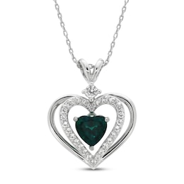 Lab-Created Emerald & White Lab-Created Sapphire Heart Necklace Sterling Silver 18&quot;