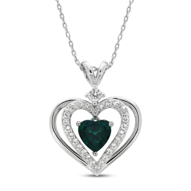 Lab-Created Emerald & White Lab-Created Sapphire Heart Necklace Sterling Silver 18"