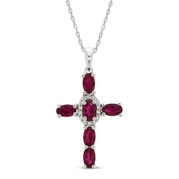 Lab-Created Ruby & White Lab-Created Sapphire Cross Necklace Sterling Silver 18&quot;