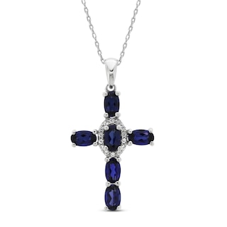 Blue & White Lab-Created Sapphire Cross Necklace Sterling Silver 18