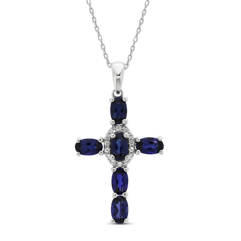 Main Image 1 of Blue & White Lab-Created Sapphire Cross Necklace Sterling Silver 18&quot;