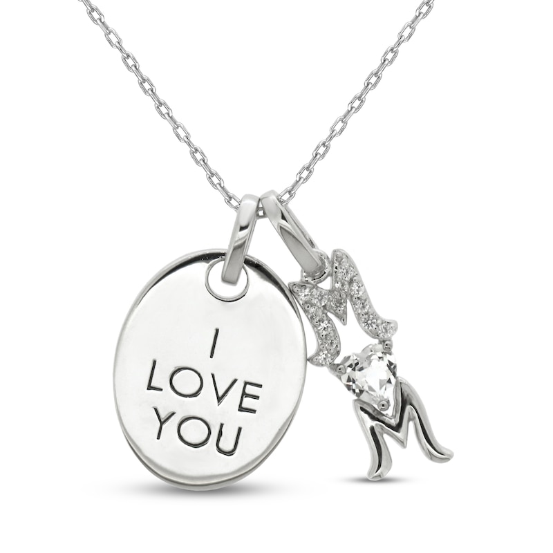 Main Image 1 of White Lab-Created Sapphire 'I Love You Mom' Necklace Sterling Silver 18&quot;