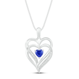 Blue Lab-Created Sapphire & Diamond Heart Necklace Sterling Silver 18&quot;