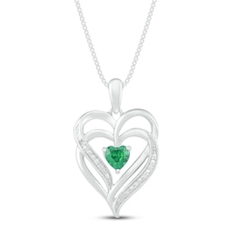 Lab-Created Emerald & Diamond Heart Necklace Sterling Silver 18&quot;