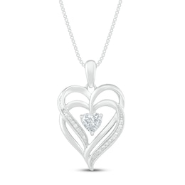 White Lab-Created Sapphire & Diamond Heart Necklace Sterling Silver 18&quot;