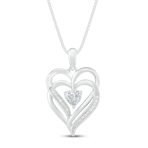 White Lab-Created Sapphire & Diamond Heart Necklace Sterling Silver 18"