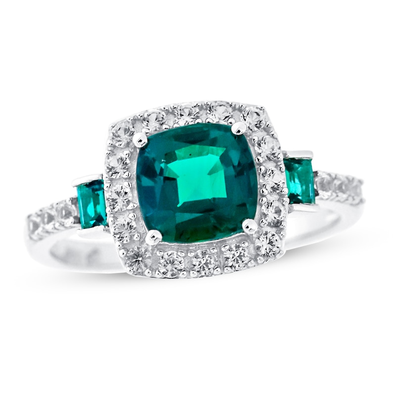 Main Image 1 of Lab-Created Emerald & White Lab-Created Sapphire Ring Sterling Silver