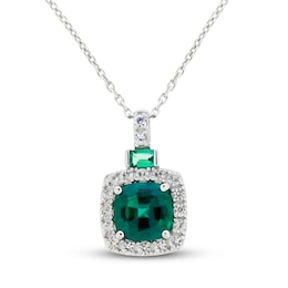 Lab-Created Emerald & White Lab-Created Sapphire Necklace Sterling Silver 18&quot;