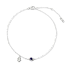 Blue & White Lab-Created Sapphire Hamsa Anklet Sterling Silver 11&quot; Adjustable