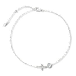 White Lab-Created Sapphire Cross Anklet Sterling Silver 11&quot; Adjustable