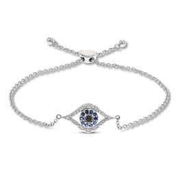 Blue Sapphire Evil Eye Bolo Bracelet 1/5 ct tw Diamonds Sterling Silver