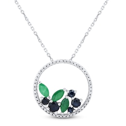 Blue Sapphire & Emerald Circle Necklace 1/6 ct tw Diamonds Round-Cut 10K White Gold 18&quot;