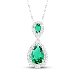 Lab-Created Emerald & White Lab-Created Sapphire Necklace Sterling Silver 18&quot;