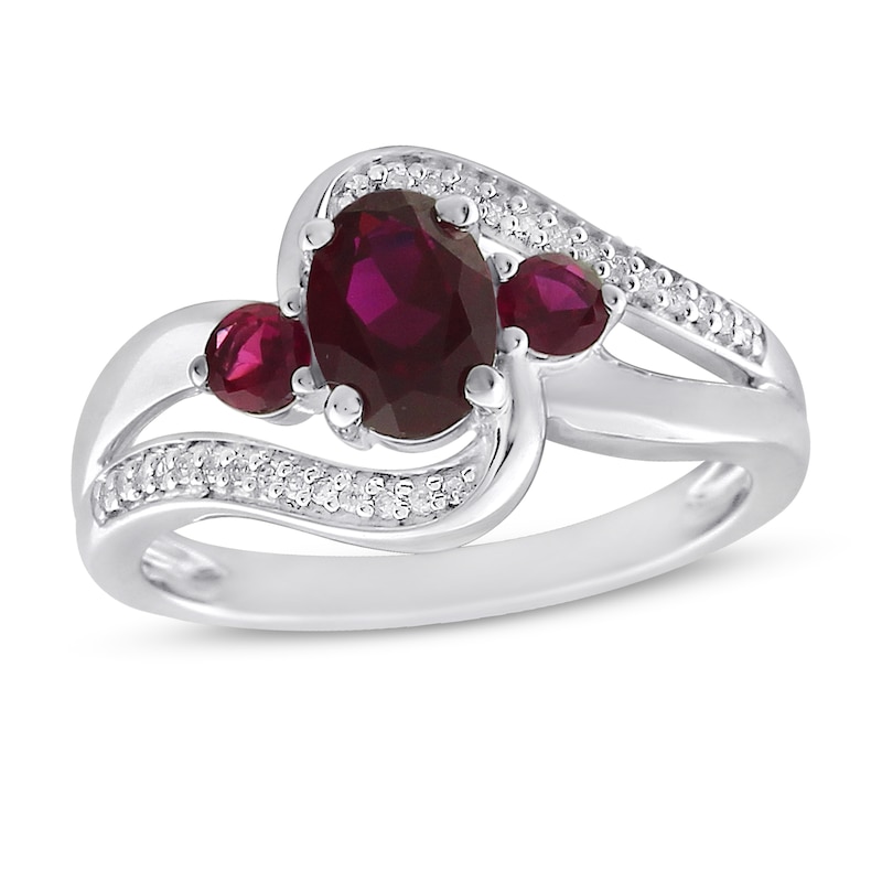 Main Image 1 of Three-Stone Lab-Created Ruby & White Lab-Created Sapphire Ring Sterling Silver