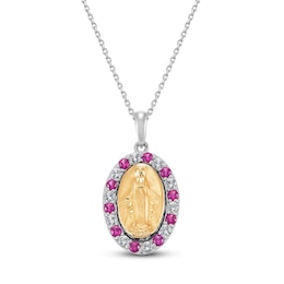 Lab-Created Ruby & White Lab-Created Sapphire Mary Necklace Sterling Silver/10K Yellow Gold 18&quot;