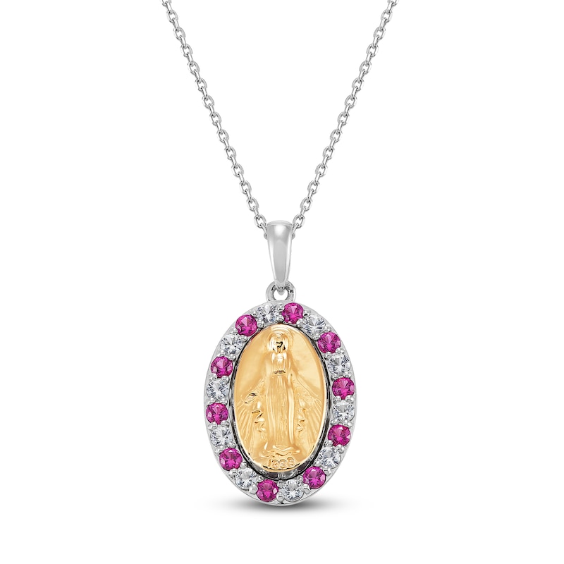 Lab-Created Ruby & White Lab-Created Sapphire Mary Necklace Sterling Silver/10K Yellow Gold 18"