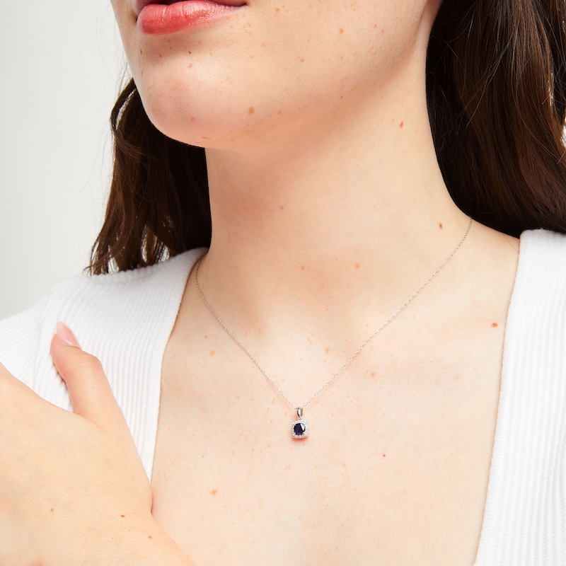 Main Image 3 of Blue Sapphire & Diamond Necklace 1/8 ct tw Cushion/Round-Cut 10K White Gold 18&quot;