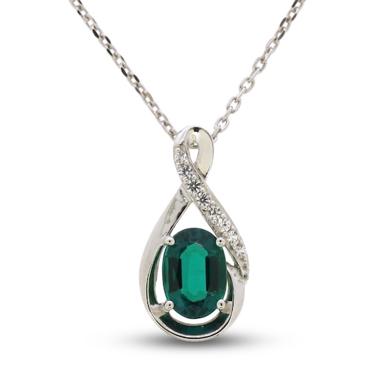 Lab-Created Emerald & White Lab-Created Sapphire Necklace Sterling Silver 18"