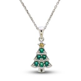 Citrine & Lab-Created Emerald Christmas Tree Necklace Sterling Silver 18&quot;