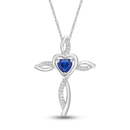 Blue & White Lab-Created Sapphire Cross Necklace Sterling Silver 18&quot;