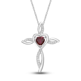 Lab-Created Ruby & White Lab-Created Sapphire Cross Necklace Sterling Silver 18&quot;