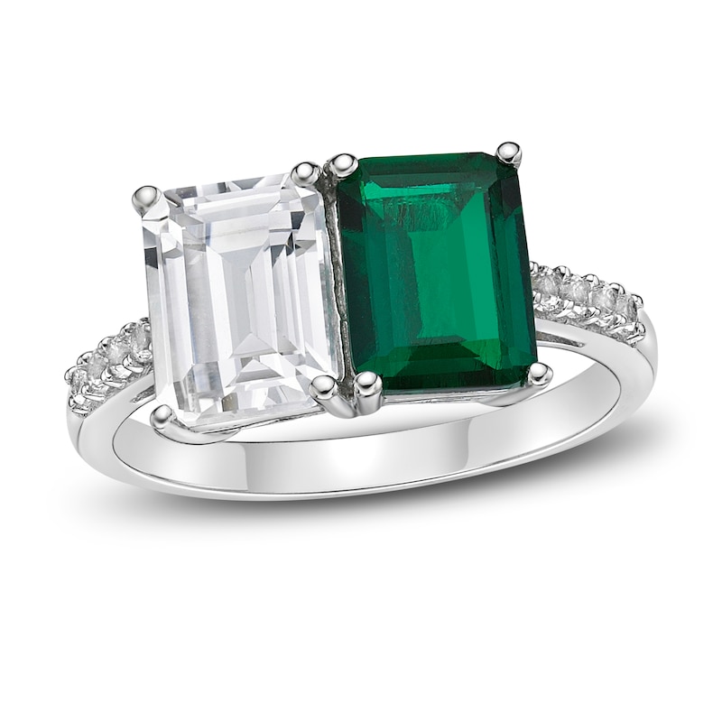 Main Image 1 of Lab-Created Emerald & White Lab-Created Sapphire Ring Sterling Silver