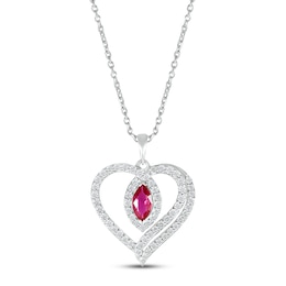 Lab-Created Ruby & White Lab-Created Sapphire Heart Necklace Sterling Silver 18&quot;