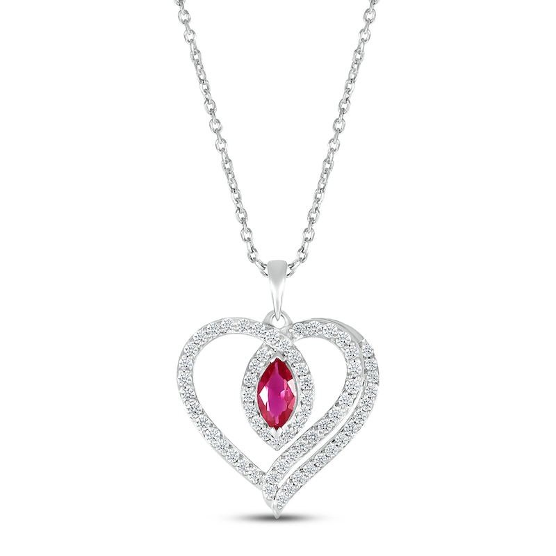 Main Image 1 of Lab-Created Ruby & White Lab-Created Sapphire Heart Necklace Sterling Silver 18&quot;