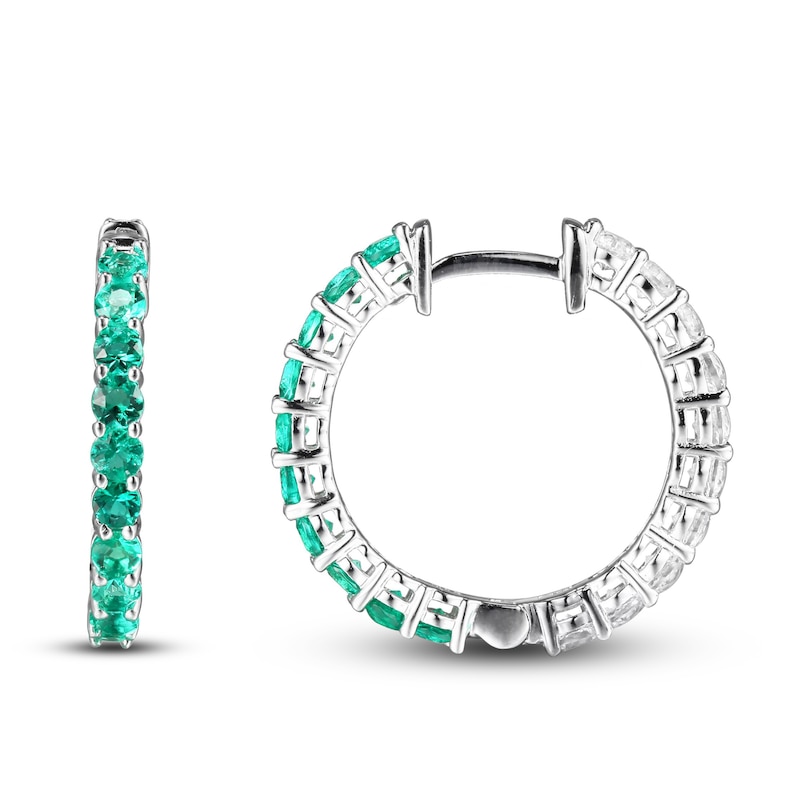 Main Image 2 of Lab-Created Emerald & White Lab-Created Sapphire Reversible Hoop Earrings Sterling Silver