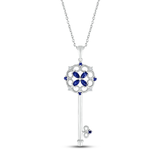 Blue & White Lab-Created Sapphire Key Necklace Sterling Silver 18"