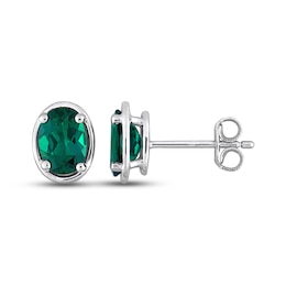 Lab-Created Emerald Oval Stud Earrings Sterling Silver