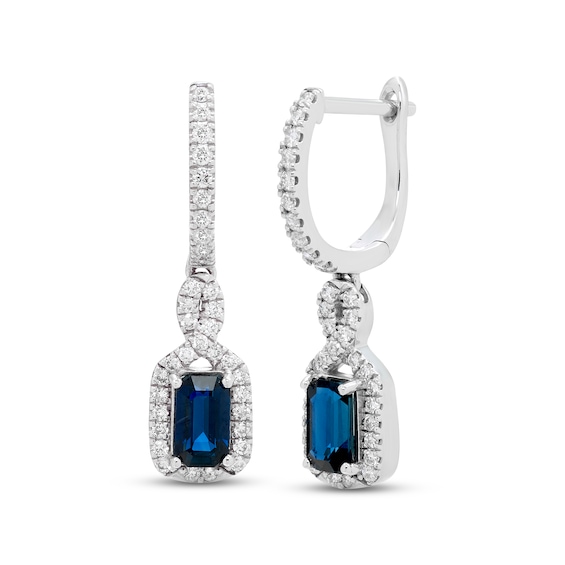 Blue Sapphire & Diamond Dangle Hoop Earrings 1/5 ct tw Round-cut 10K White Gold