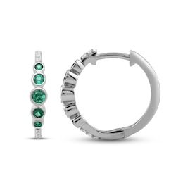 Lab-Created Emerald & White Lab-Created Sapphire Bezel Hoop Earrings Sterling Silver
