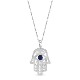 Blue & White Lab-Created Sapphire Hamsa Necklace Sterling Silver 18&quot;