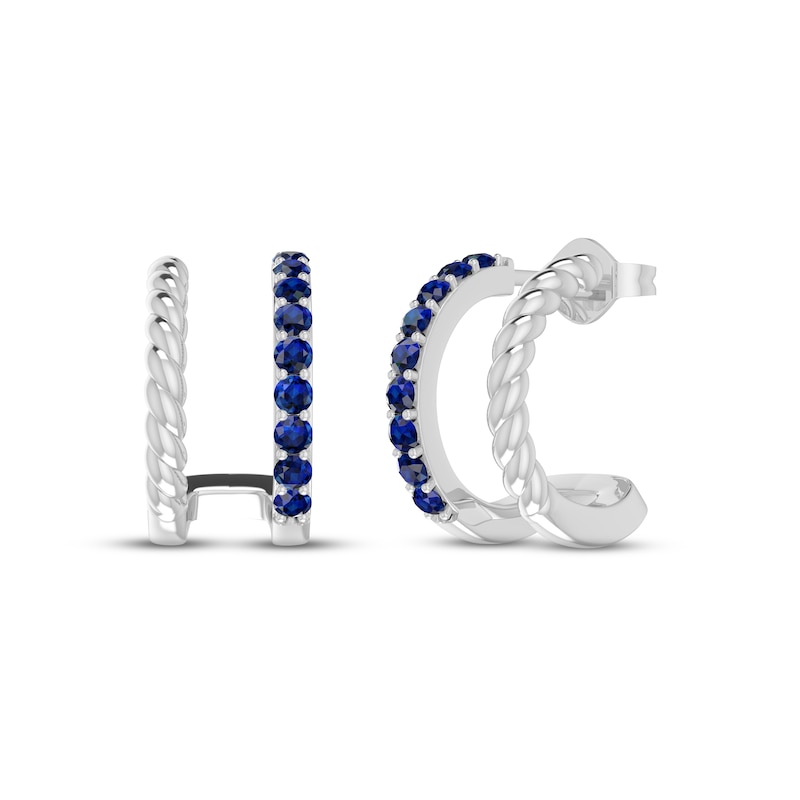 Main Image 1 of Blue Lab-Created Sapphire Double Hoop Twist Earrings Sterling Silver