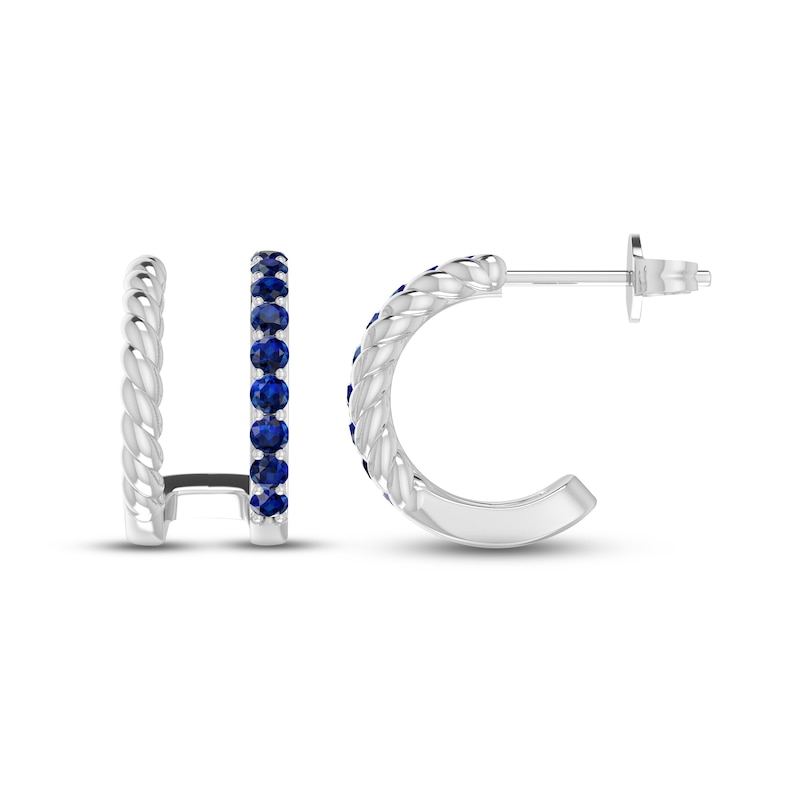 Main Image 3 of Blue Lab-Created Sapphire Double Hoop Twist Earrings Sterling Silver