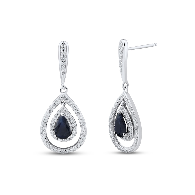 Main Image 1 of Blue Sapphire & Diamond Dangle Earrings 3/8 ct tw Round-cut 10K White Gold