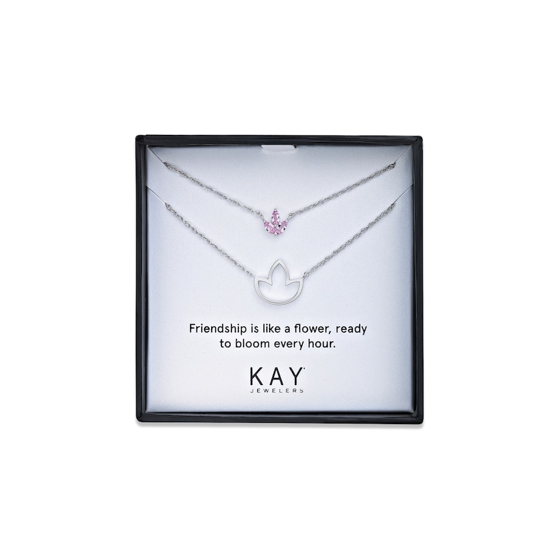 Main Image 2 of Pink Lab-Created Sapphire Flower Necklace Gift Set Sterling Silver