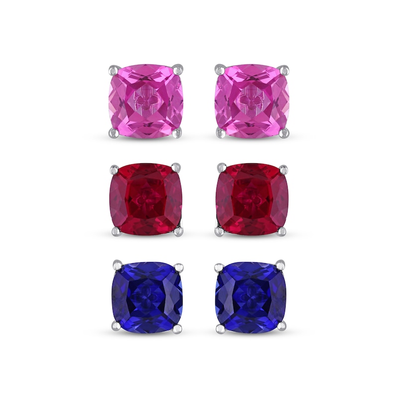 Main Image 2 of Pink Lab-Created Sapphire, Lab-Created Ruby & Blue Lab-Created Sapphire Stud Earrings Set Sterling Silver