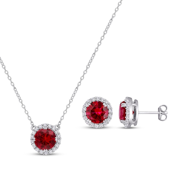 Lab-Created Ruby & White Lab-Created Sapphire Halo Gift Set Sterling Silver