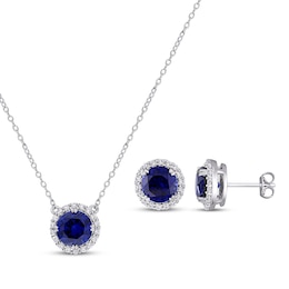 Blue & White Lab-Created Sapphire Halo Gift Set Sterling Silver