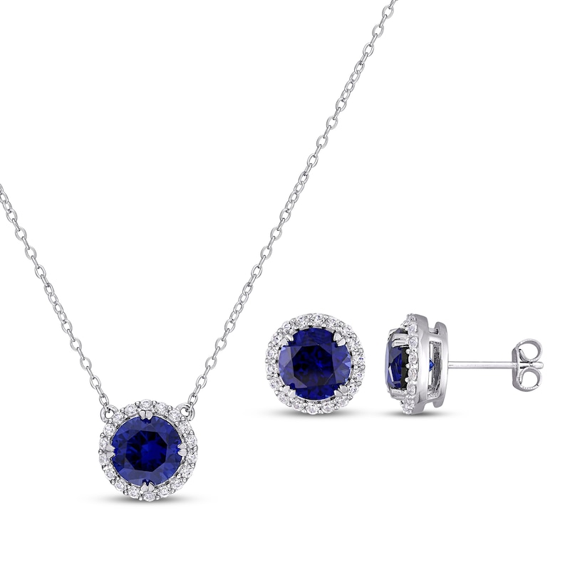 Blue & White Lab-Created Sapphire Halo Gift Set Sterling Silver